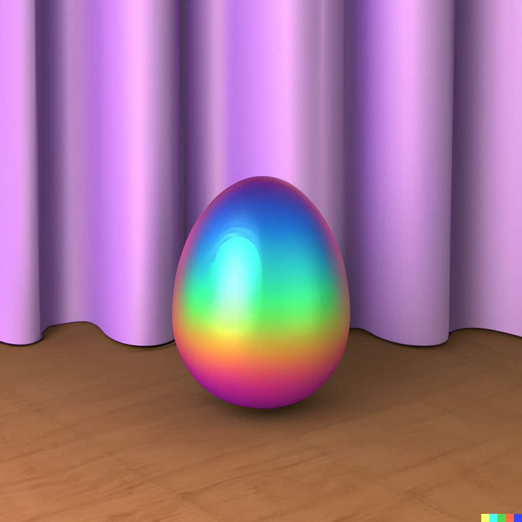 Rainbow easter egg in front of lavender curtain sitting upright on a wood floor
