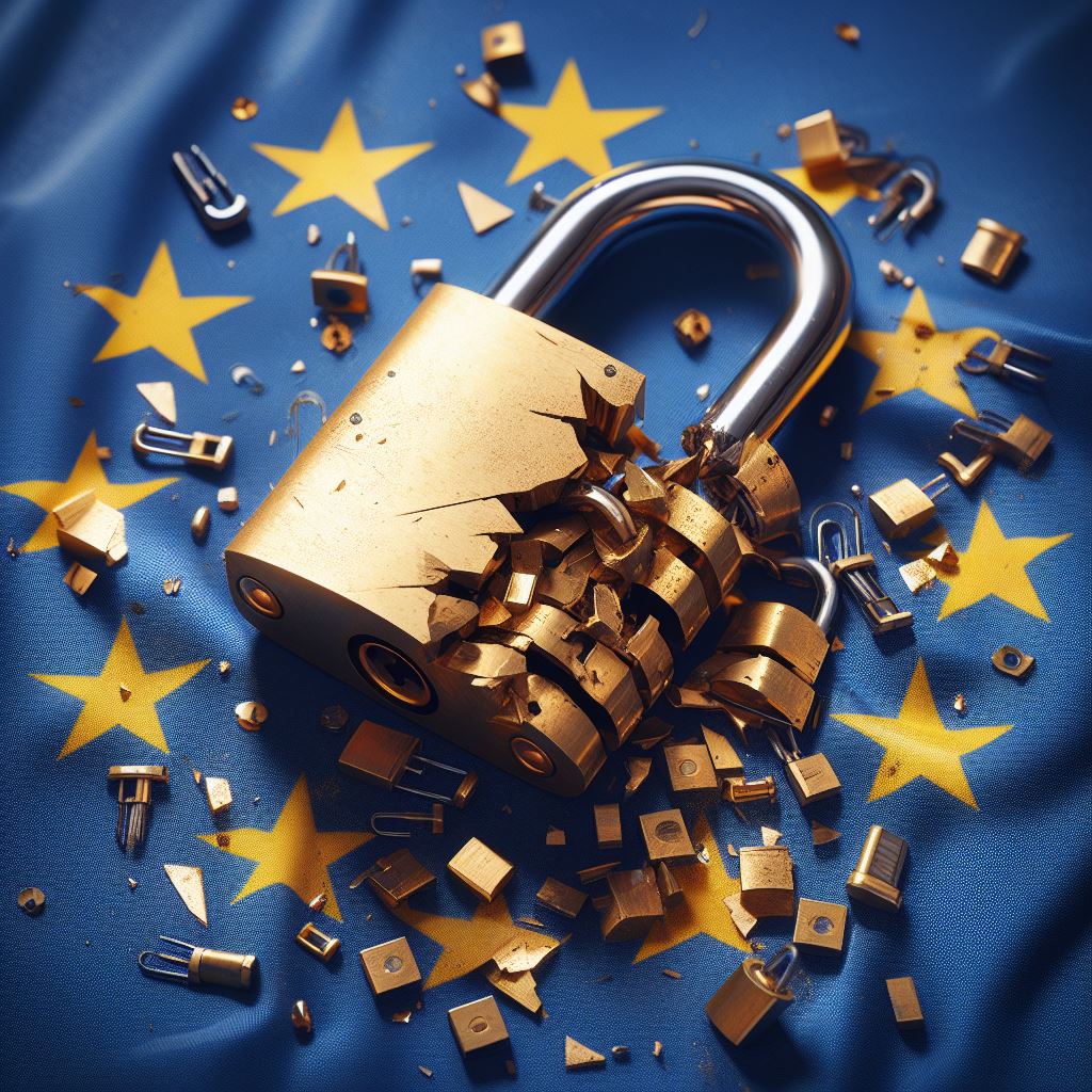 Brass padlock broken into many pieces over a background of the EU flag