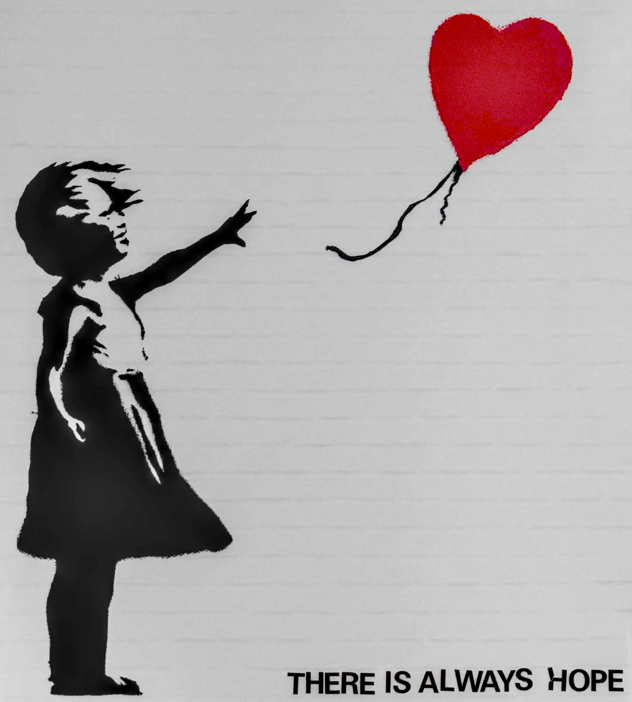 Photo of Girl with Balloon graffito stencil by Banksy silk print. It depicts a young girl with her hand extended toward a red heart-shaped balloon carried away by the wind. In the lower right are stenciled words: There is always hope.