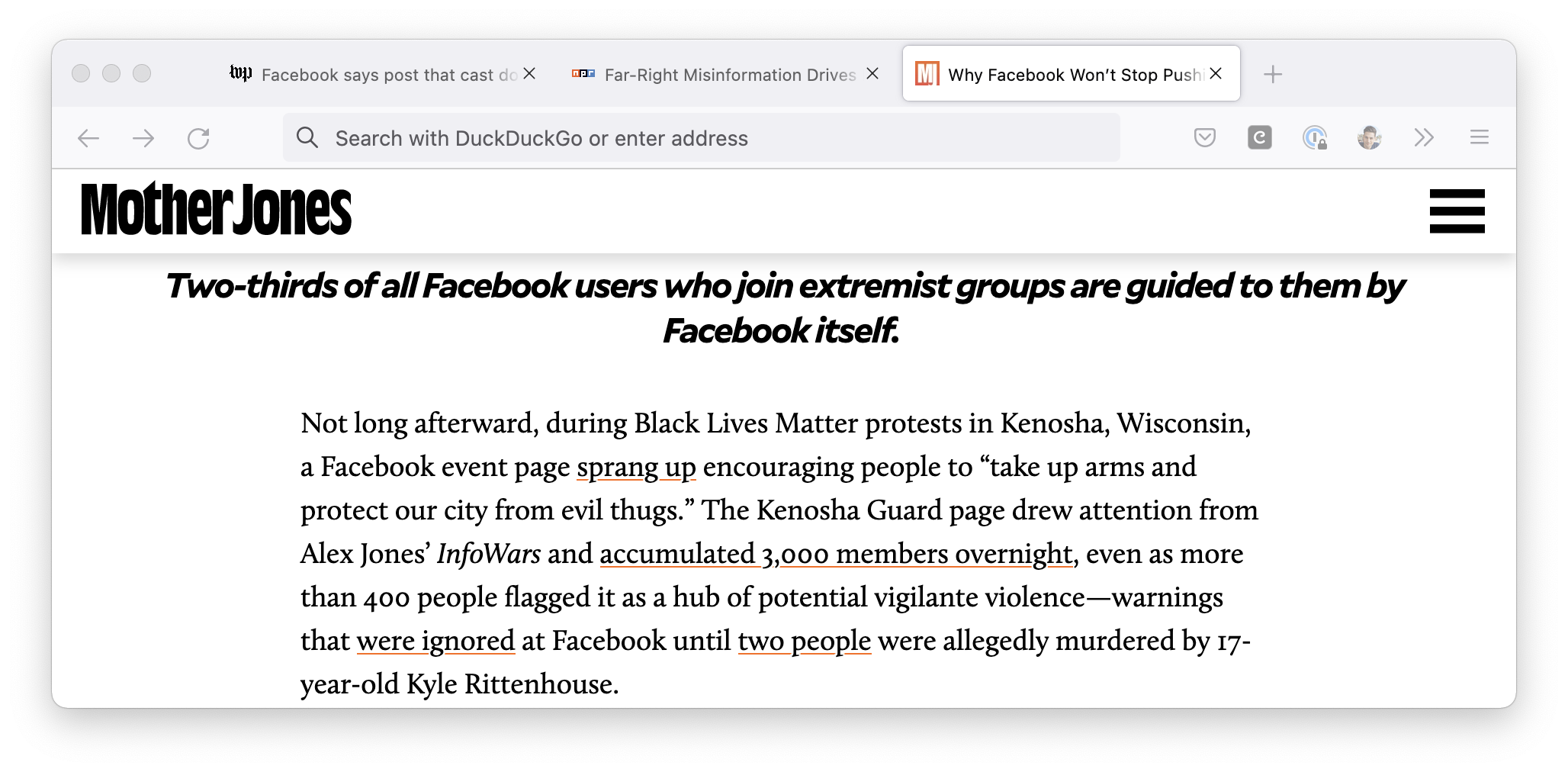 Screenshot of Mother Jones. Text: Two-thirds of all Facebook users who join extremist groups are guided to them by Facebook itself.