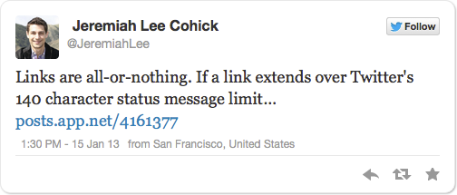 Links are all-or-nothing. If a link extends over Twitter’s 140 character status message limit…