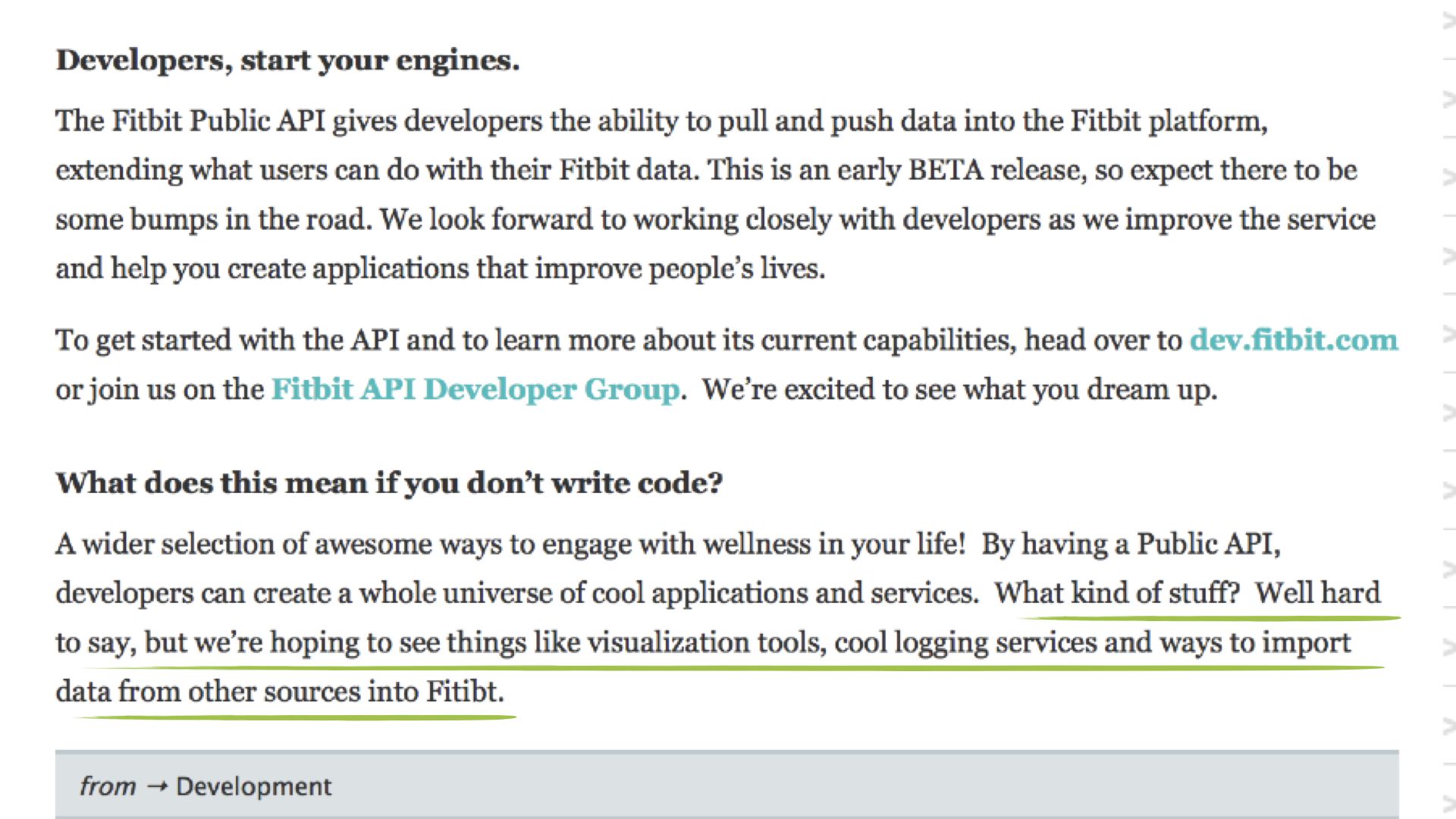 Screenshot of the blog post announcing the Fitbit Web API