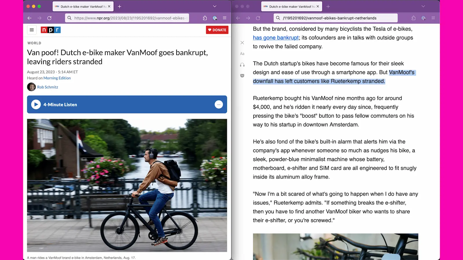 Screenshot of NPR article. Headline: Van poof! Dutch e-bike maker VanMoof goes bankrupt, leaving riders stranded. Highlighted article text: VanMoof's downfall has left customers like Rueterkemp stranded.