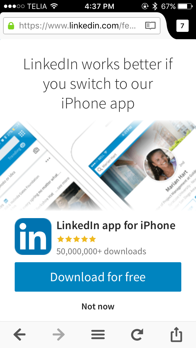 Screenshot of LinkedIn mobile Web app with a full screen modal promoting its iPhone app