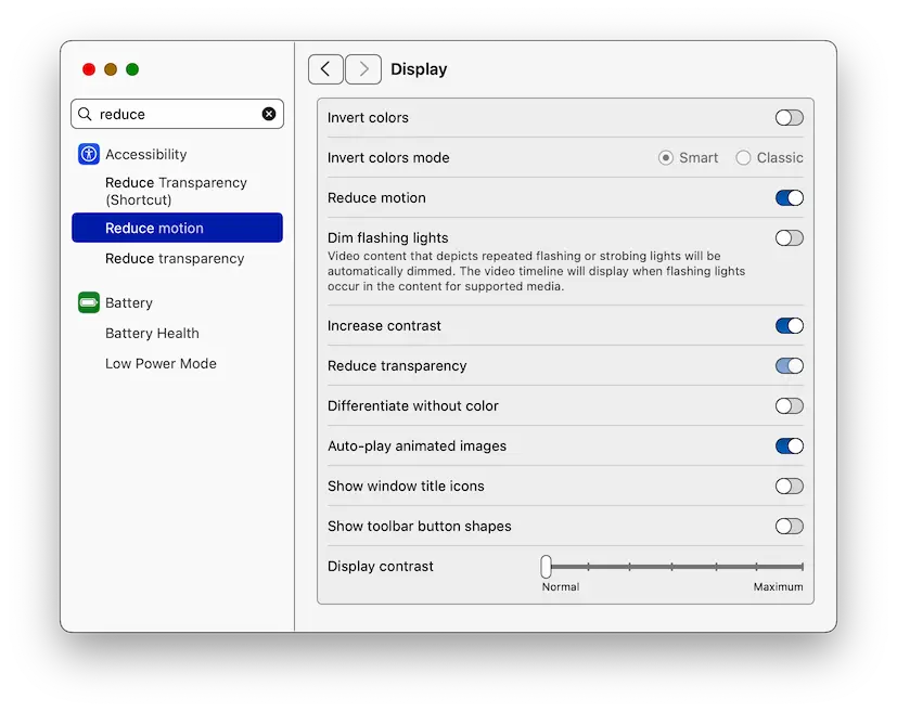 Screenshot of macOS System Settings, Accessibility Display section, Reduce motion enabled, Increase contrast enabled