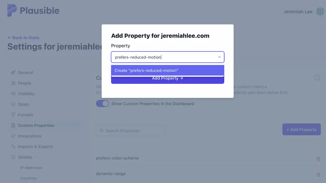 Screenshot of Plausible Analytics settings page, custom properties section. Modal for Add Property. Property input field text prefers-reduced-motion with autocomplete suggesting Create prefers-reduced-motion.