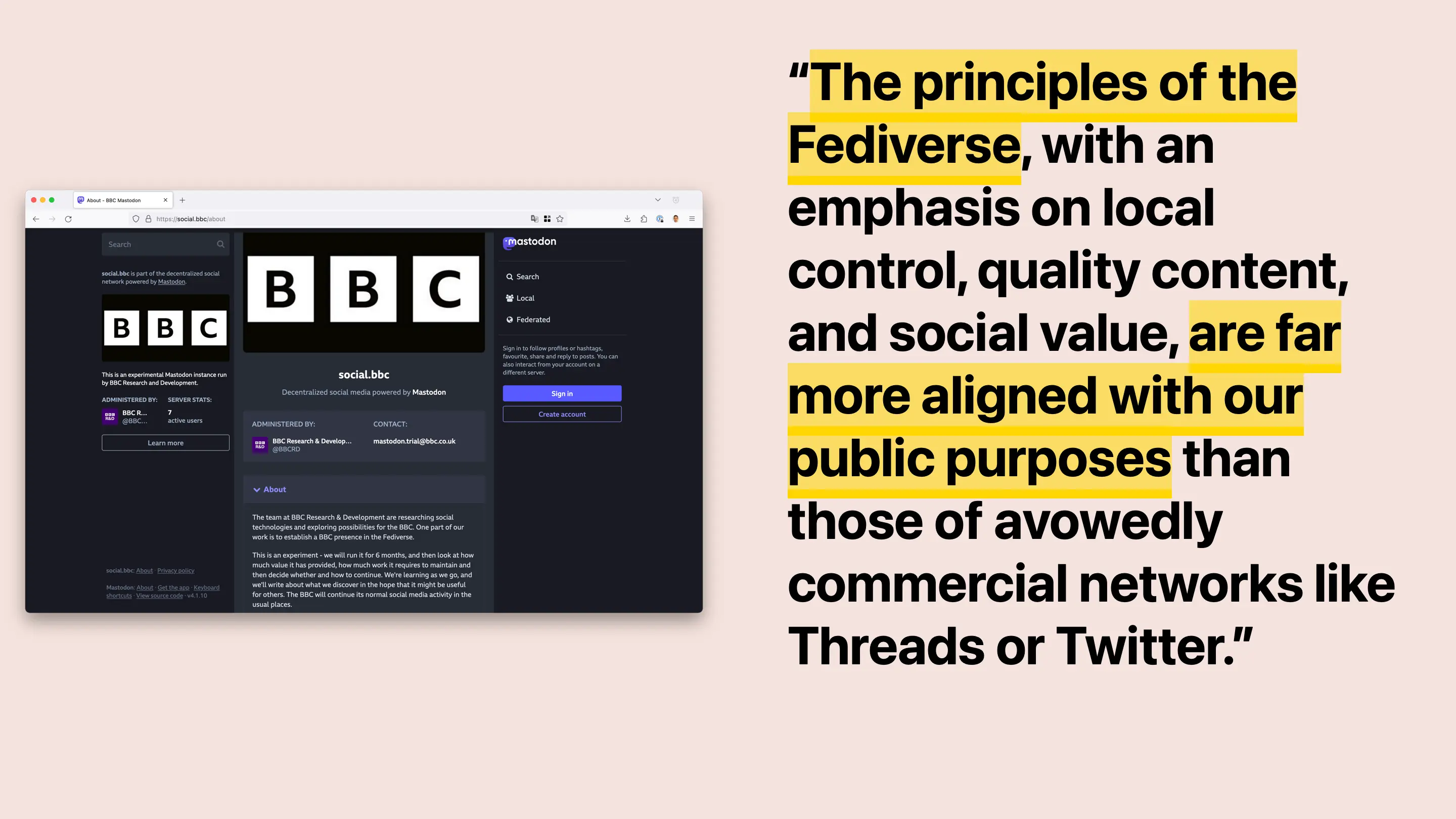 Screenshot of . Text: The principles of the Fediverse, with an emphasis on local control, quality content, and social value, are far more aligned with our public purposes than those of avowedly commercial networks like Threads or Twitter.