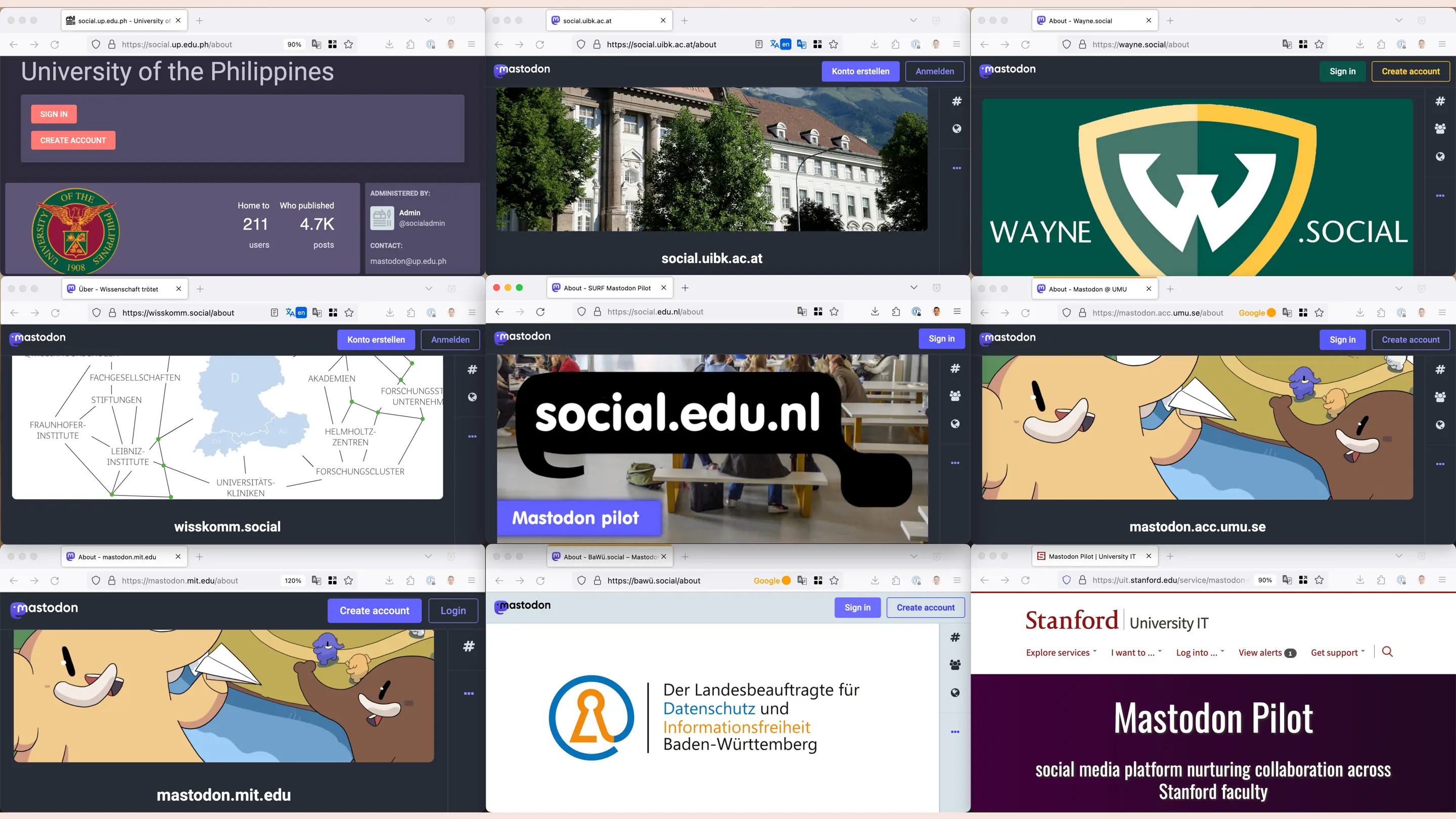 Screenshots of 9 university Mastodon servers
