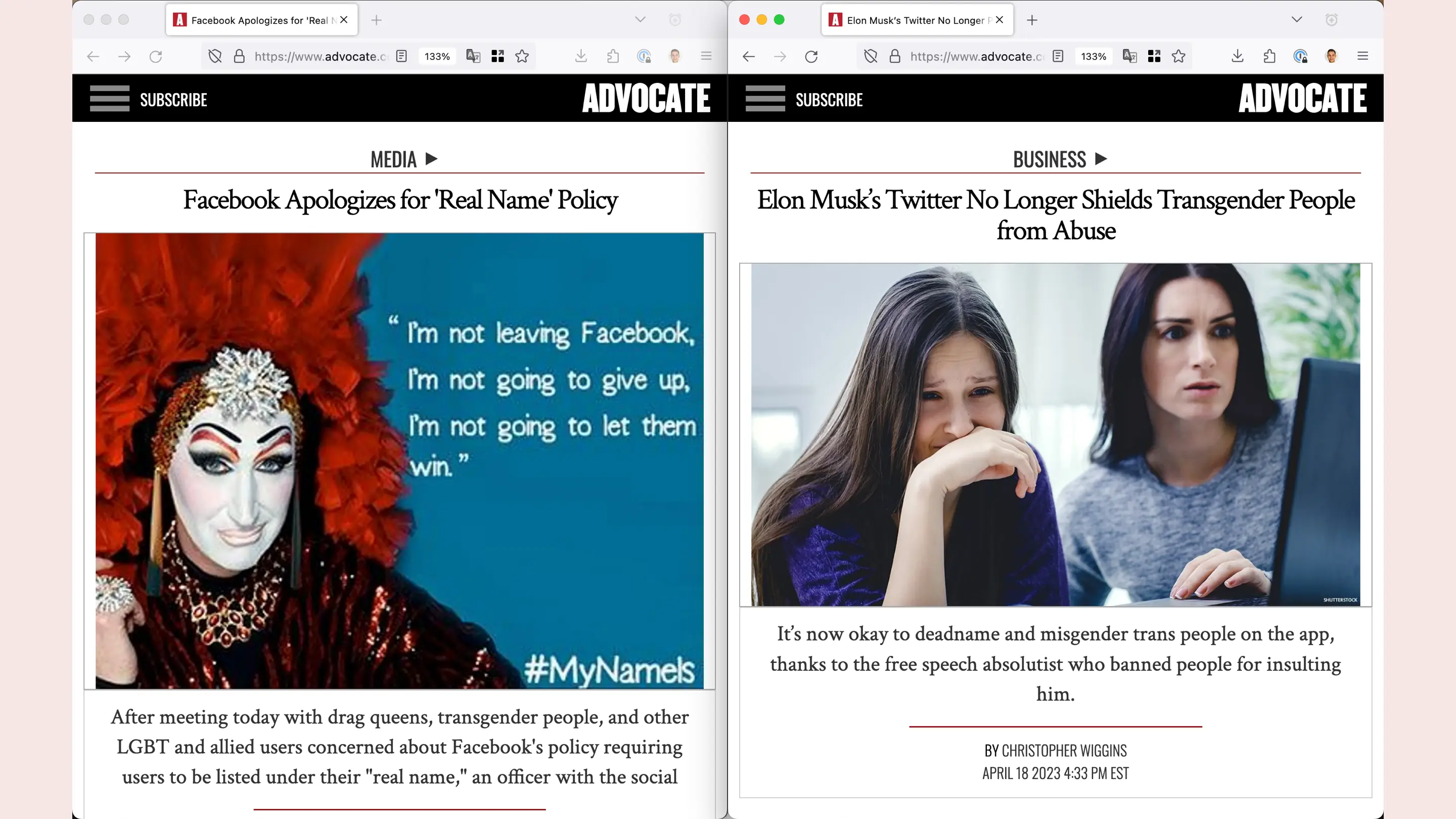 Screenshots of 2 articles from Advocate. Headlines: Facebook apologies for real name policy. Elon Musk's Twitter no longer shields transgender people from abuse.