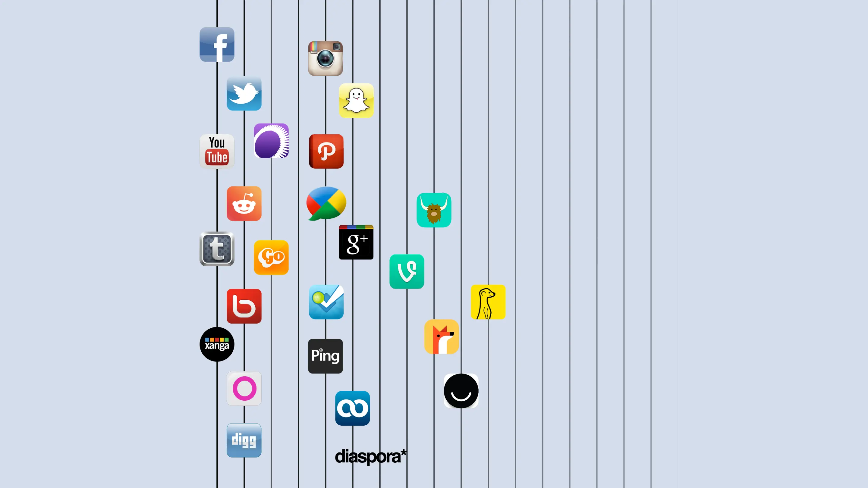 Timeline with over 15 logos of social network app logos and many striked out.
