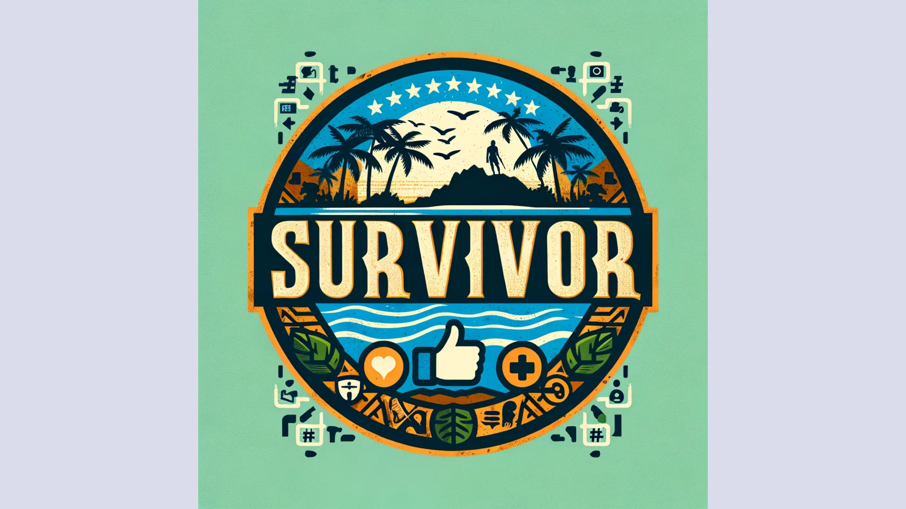 Parody of Survivor tv show logo with Like thumb, heart icon, and plus icon buttons.