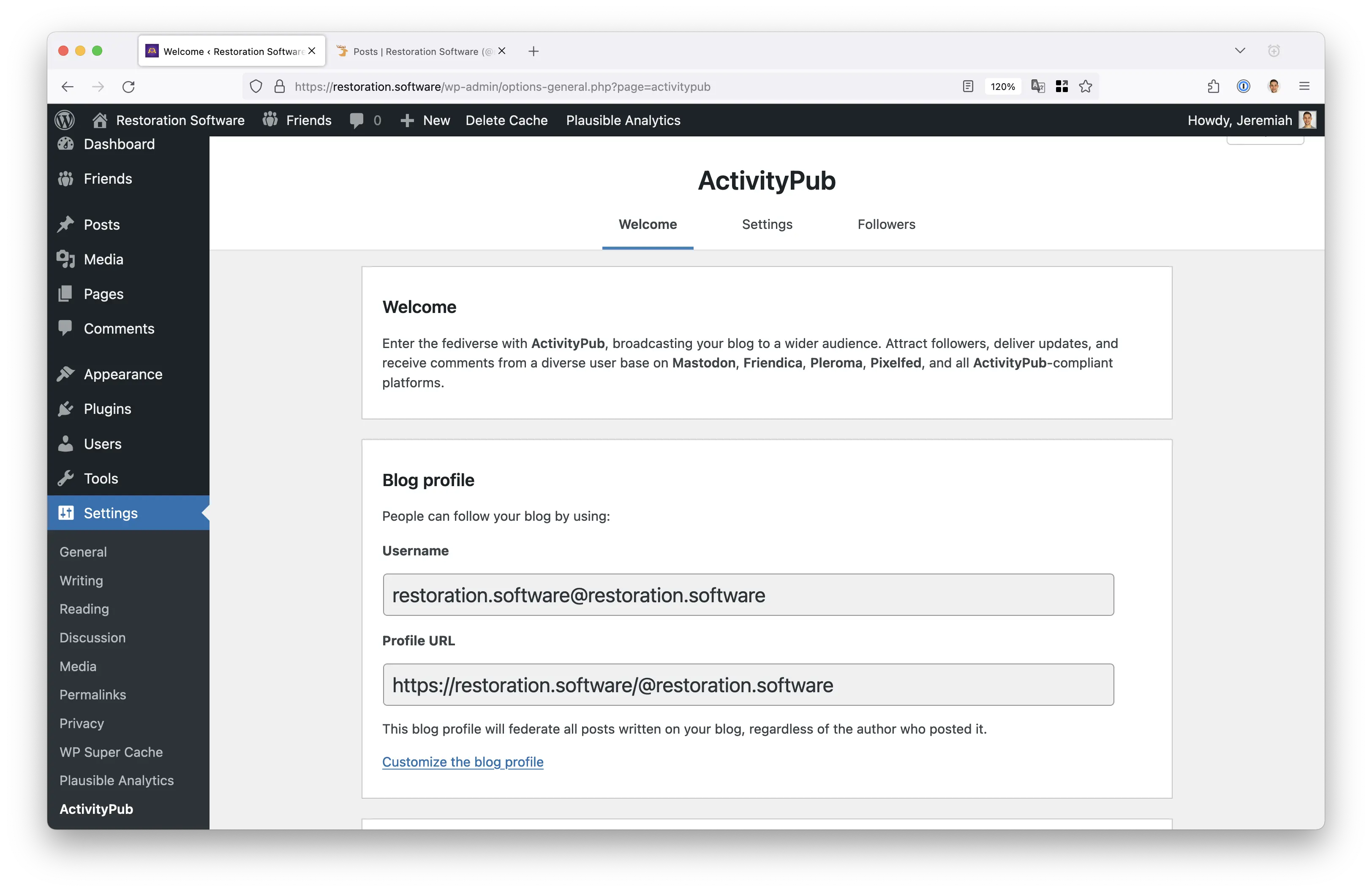 Screenshot of ActivityPub settings page in WordPress admin. Username field: restoration.software@restoration.software. Profile name field: https://restoration.software/@restoration.software